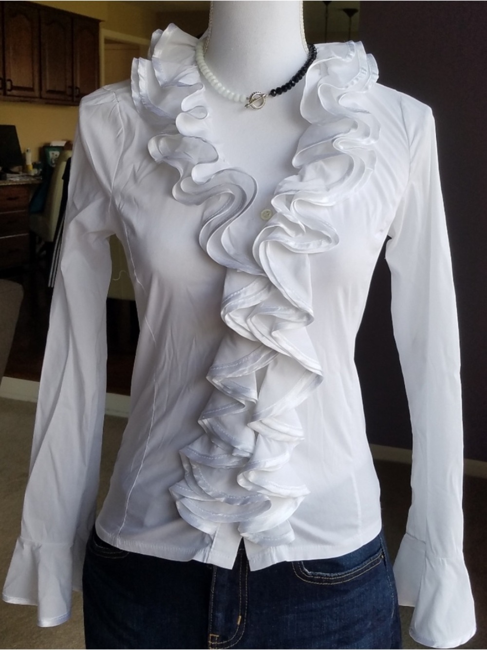 Positivo White Ruffle Fitted Dress Shirt From Greece - Small